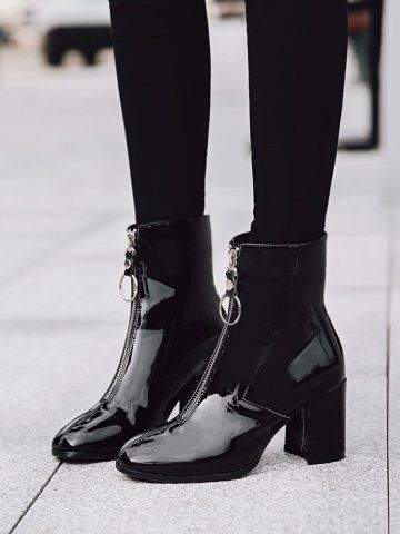 Zipper Front Patent Leather Ankle Boots