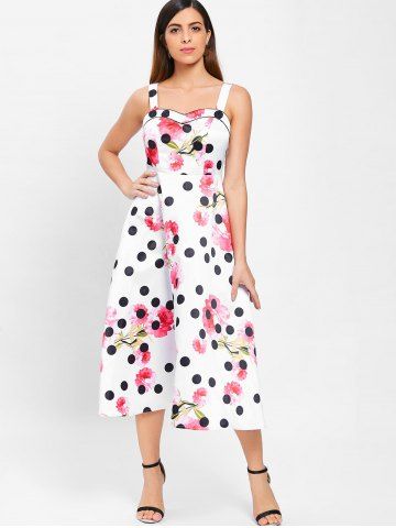 

Polka Dot Floral Print Sleeveless Dress, White