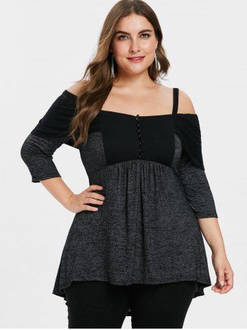 

Plus Size Half Button Up High Low T-shirt, Black