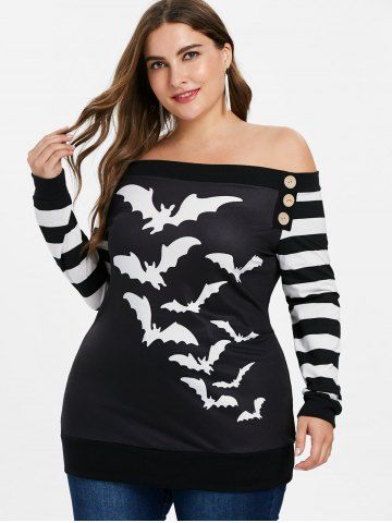 

Plus Size Off Shoulder Bats Print Halloween Sweatshirt, Black