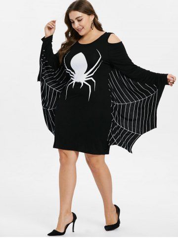 

Plus Size Halloween Spider Print Cold Shoulder Dress, Black