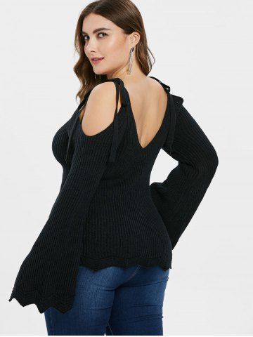 

Scalloped Hem Plus Size Tie Strap Sweater, Black