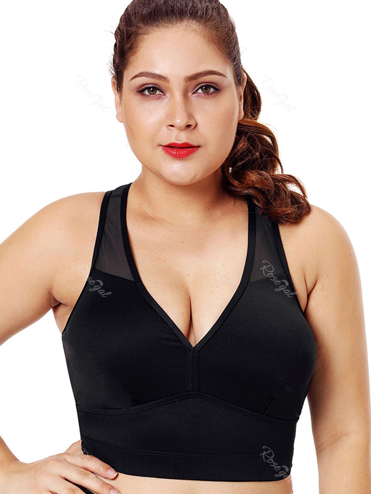 [42 OFF] Plunge Plus Size Mesh Panel Workout Bra Rosegal