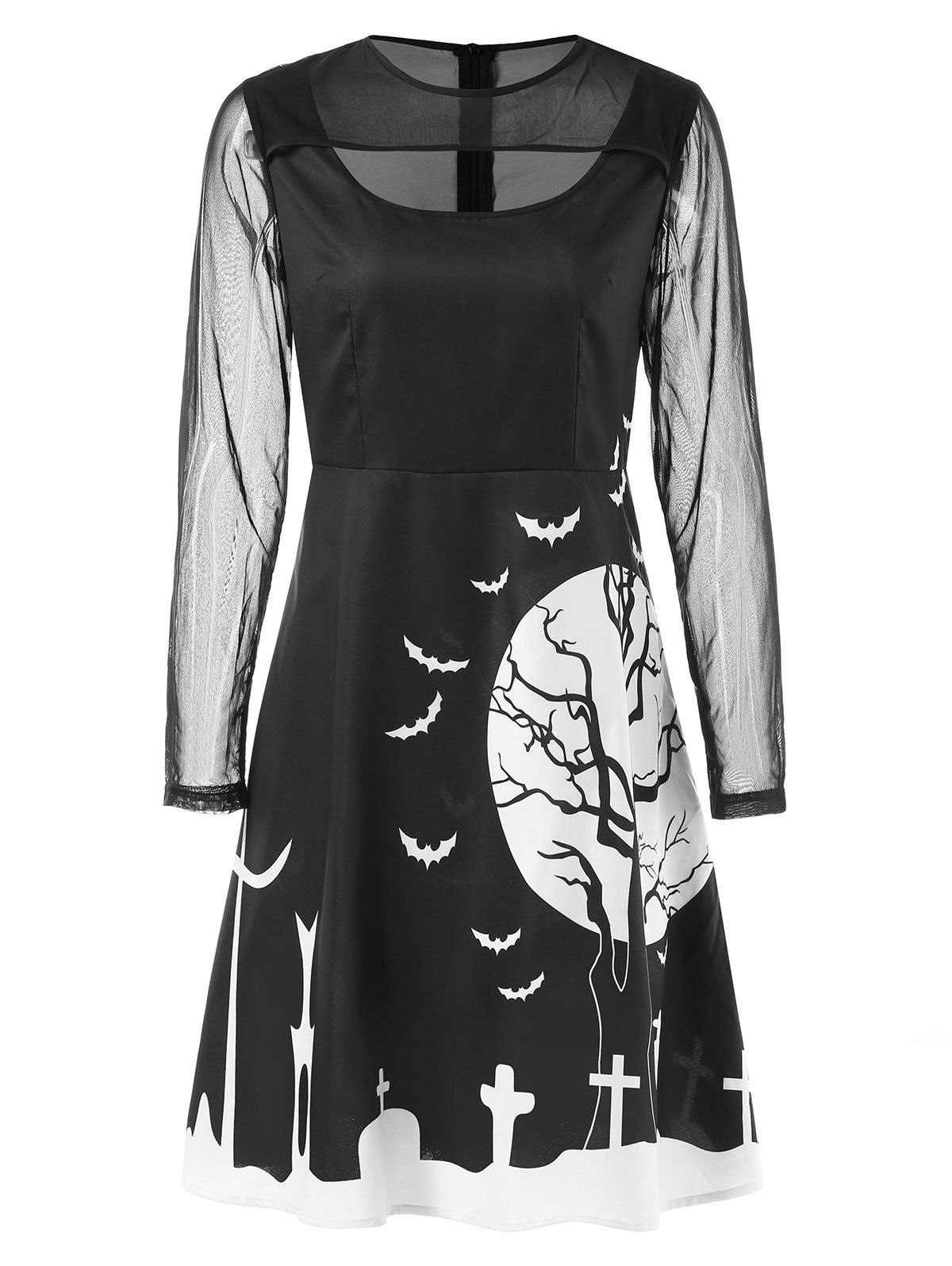 

Mesh Sleeve Halloween Print Dress, Black