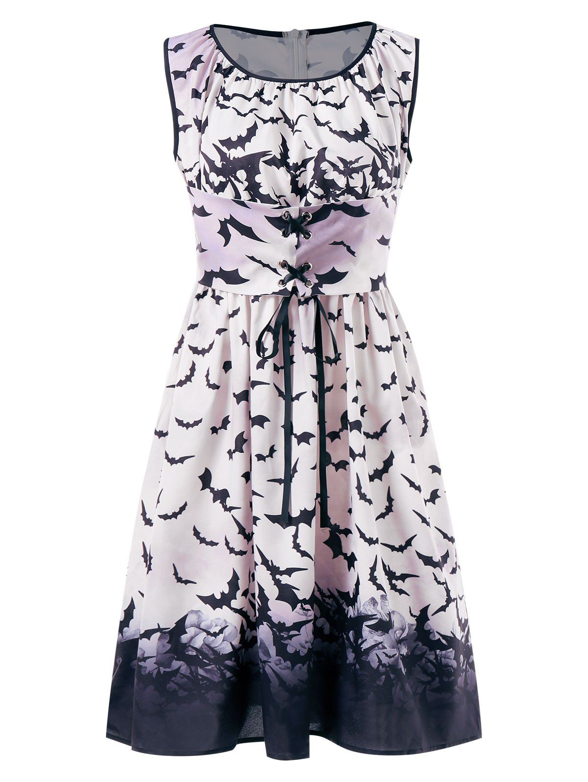 

Bats Print Criss Cross Sleeveless Halloween Dress, Multi