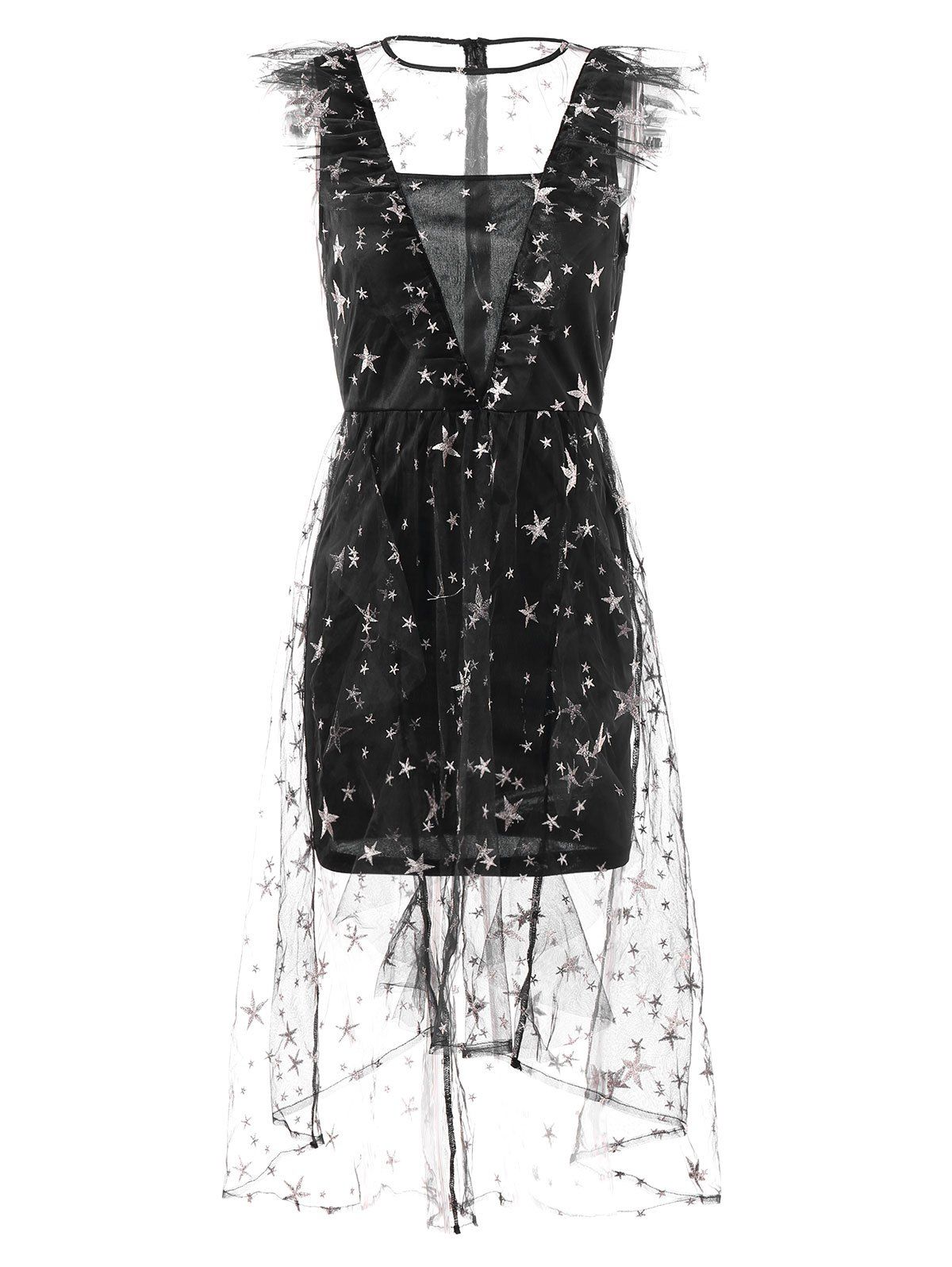 

Stars Embroidery Sleeveless Lace Dress, Black