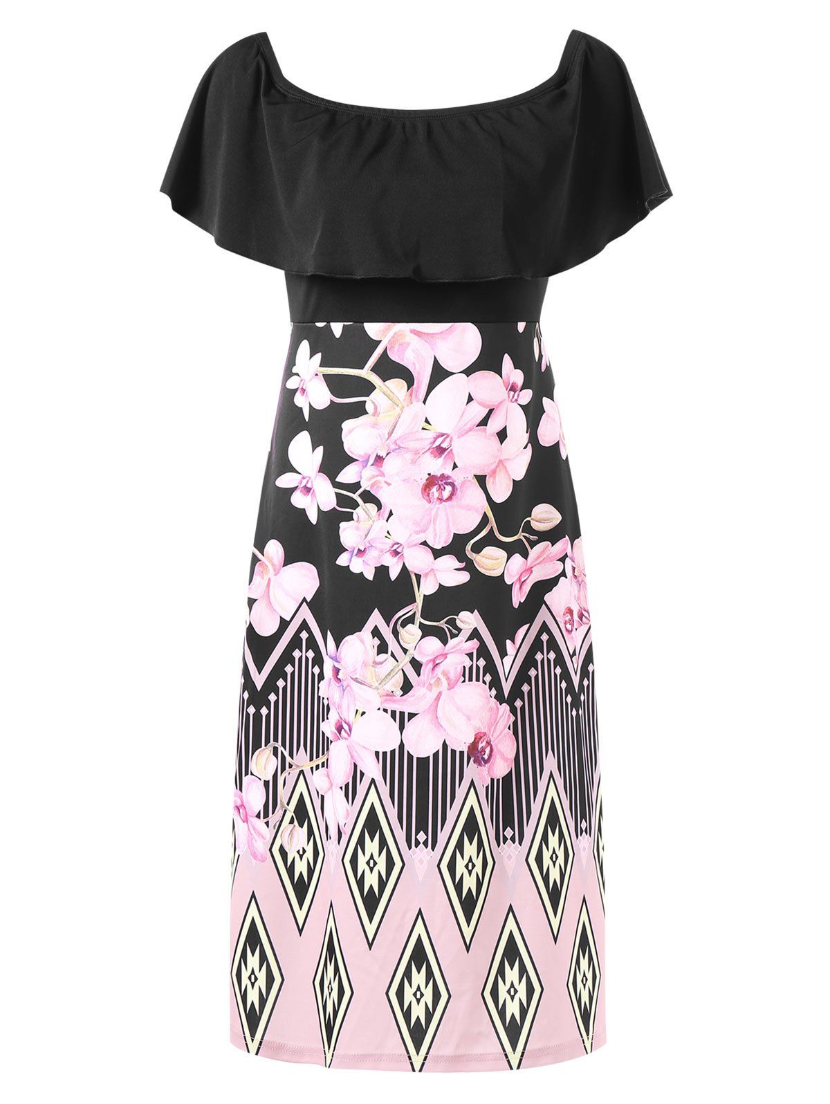 

Floral Print Flounce Trim Knee Length Dress, Black