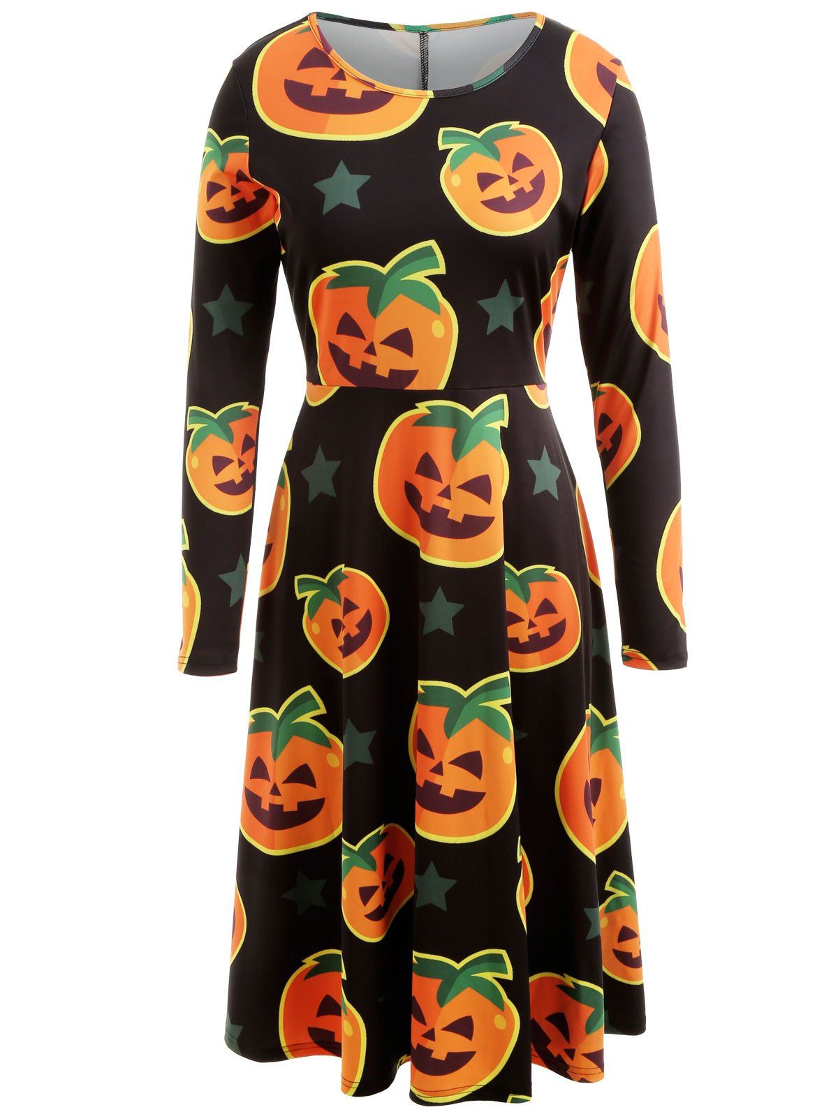 

Halloween Pumpkin Print Long Sleeve Dress, Black