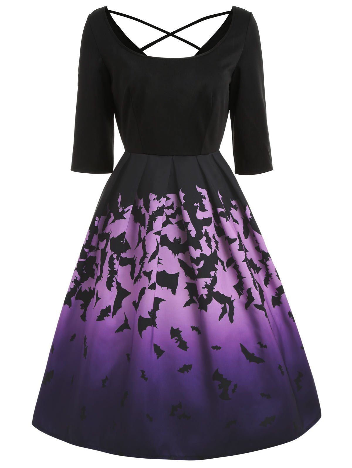 

Bats Print Square Collar Halloween Dress, Black