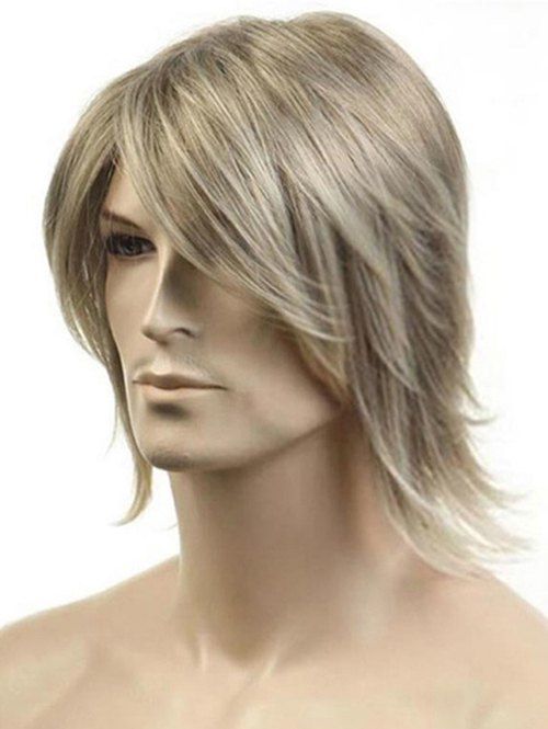 

Meidum Side Bang Colormix Straight Synthetic Men Wig, Champagne gold
