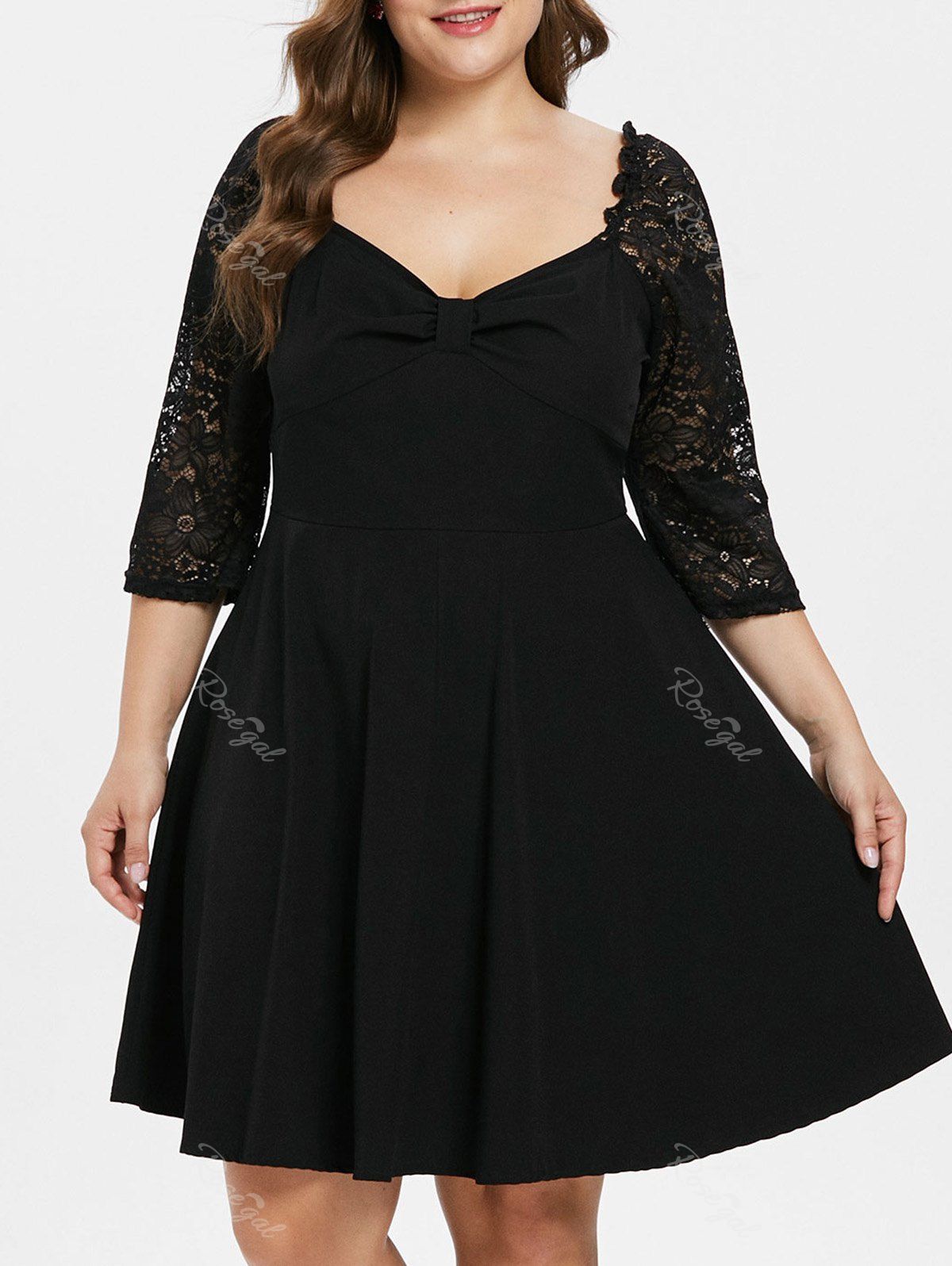 

Plus Size Lace Sleeve Ruched Skater Dress, Black
