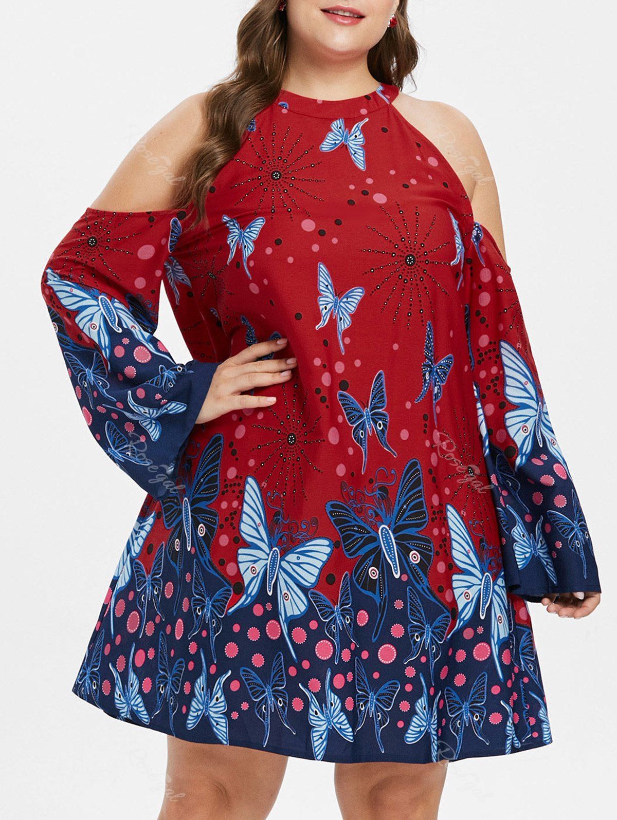 [77 OFF] Plus Size Butterfly Print Cold Shoulder Dress Rosegal