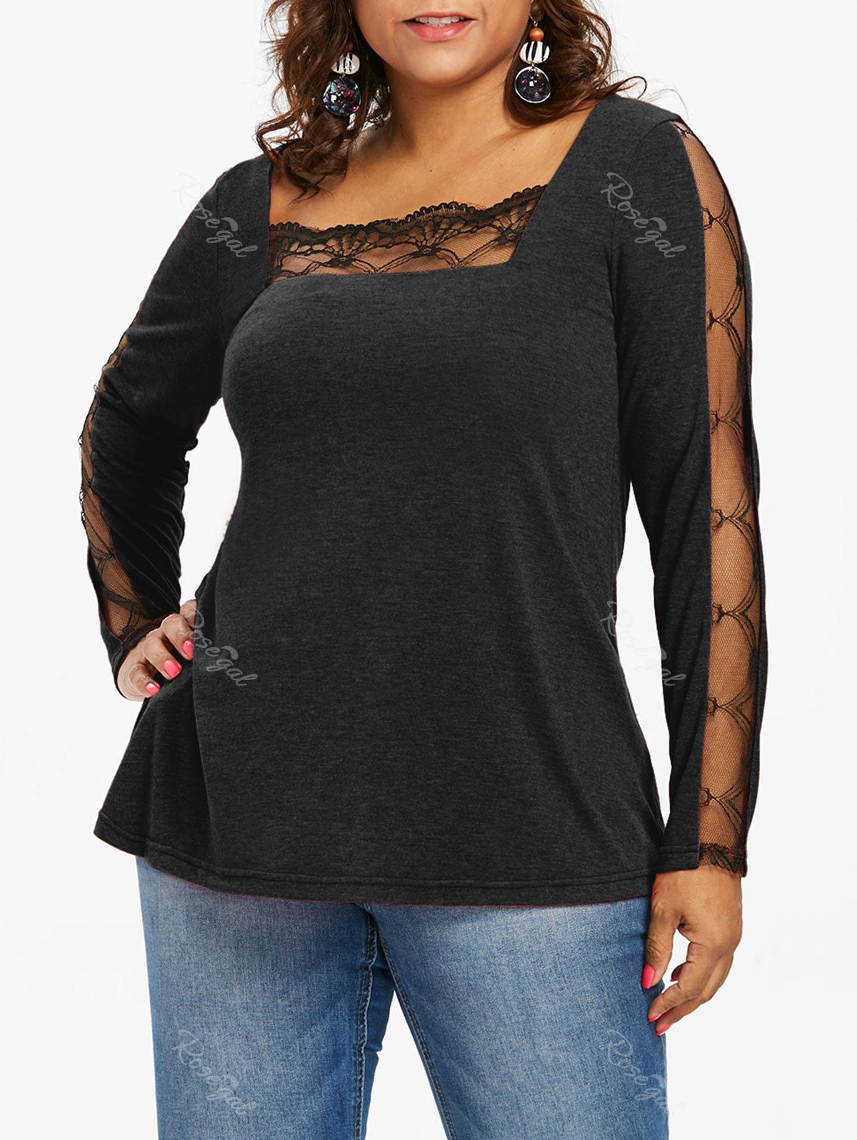 

Lace Panel Plus Size Square Neck T-shirt, Black