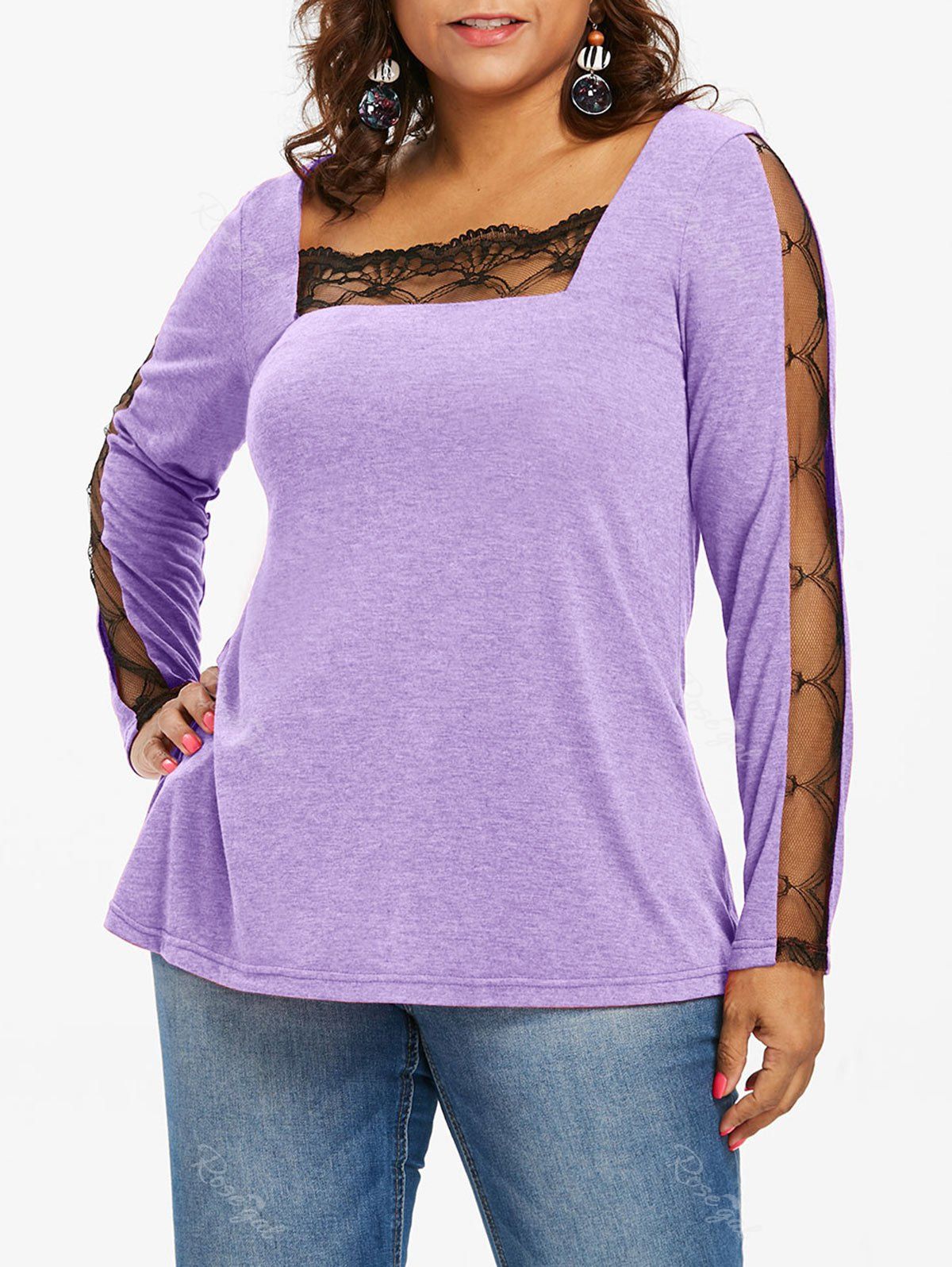 

Lace Panel Plus Size Square Neck T-shirt, Purple