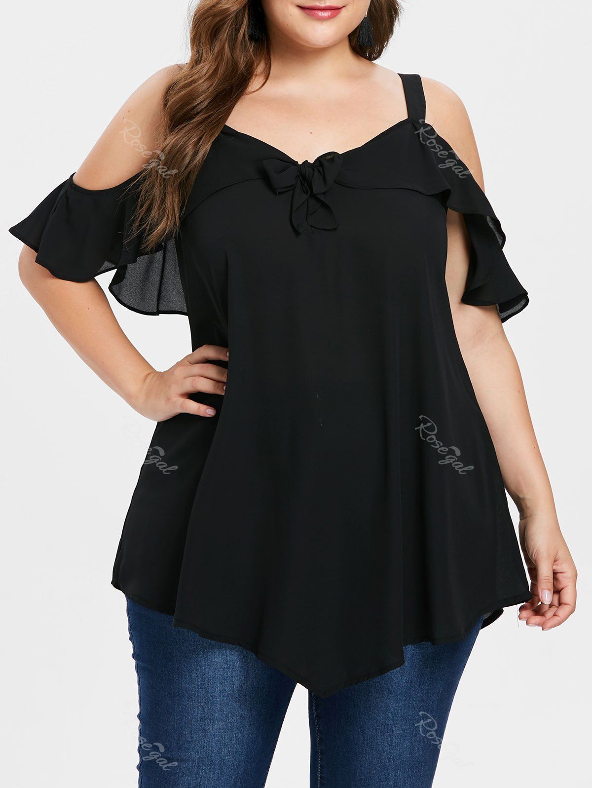 

Cold Shoulder Plus Size Bowknot Embellished Blouse, Black