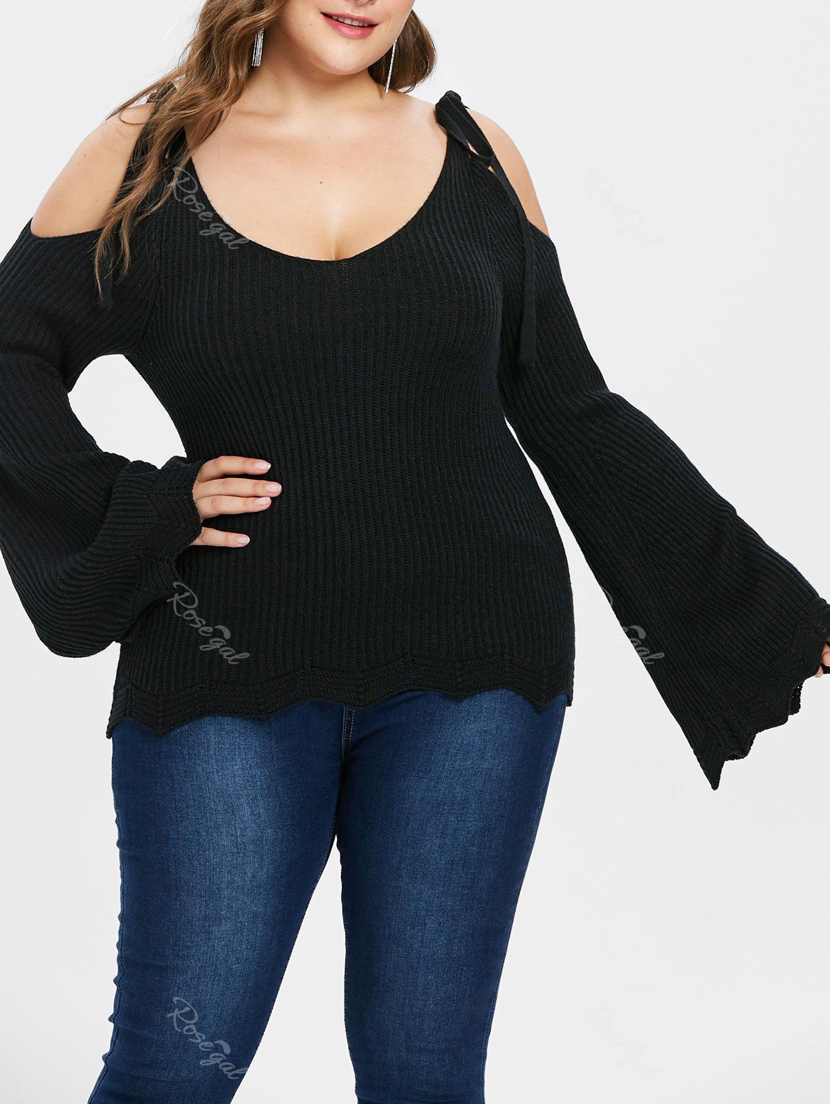 

Scalloped Hem Plus Size Tie Strap Sweater, Black