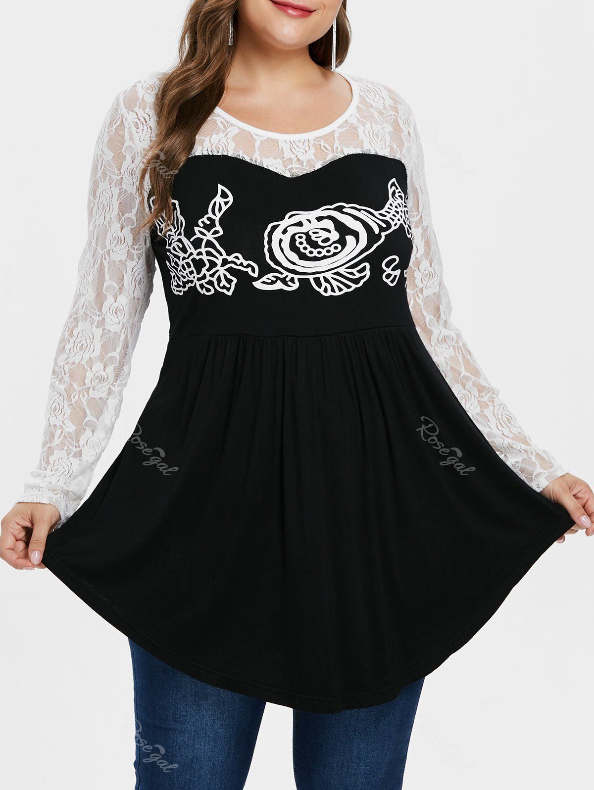 

Plus Size Sheer Floral Trim Peplum T-shirt, Black