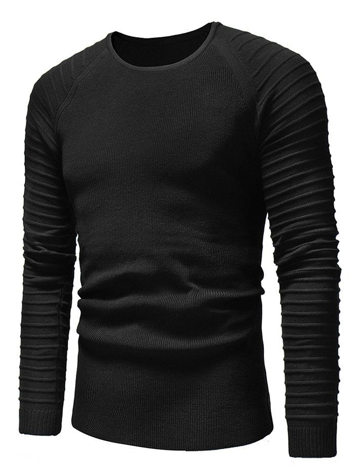 

Pleated Sleeve Round Neck Sweater, Black