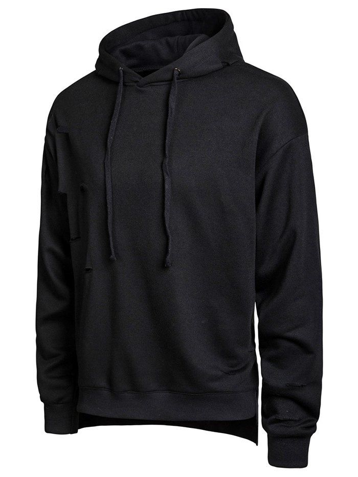 

Split Hem Broken Hole Casual Hoodie, Black