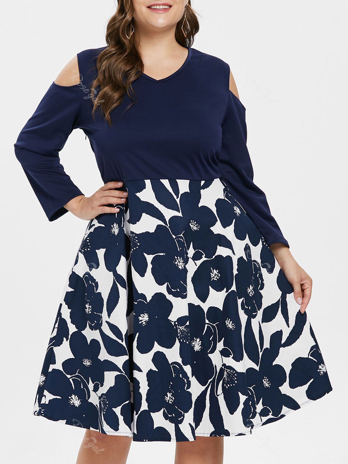 

Plus Size Cold Shoulder Floral Print A Line Dress, Multi