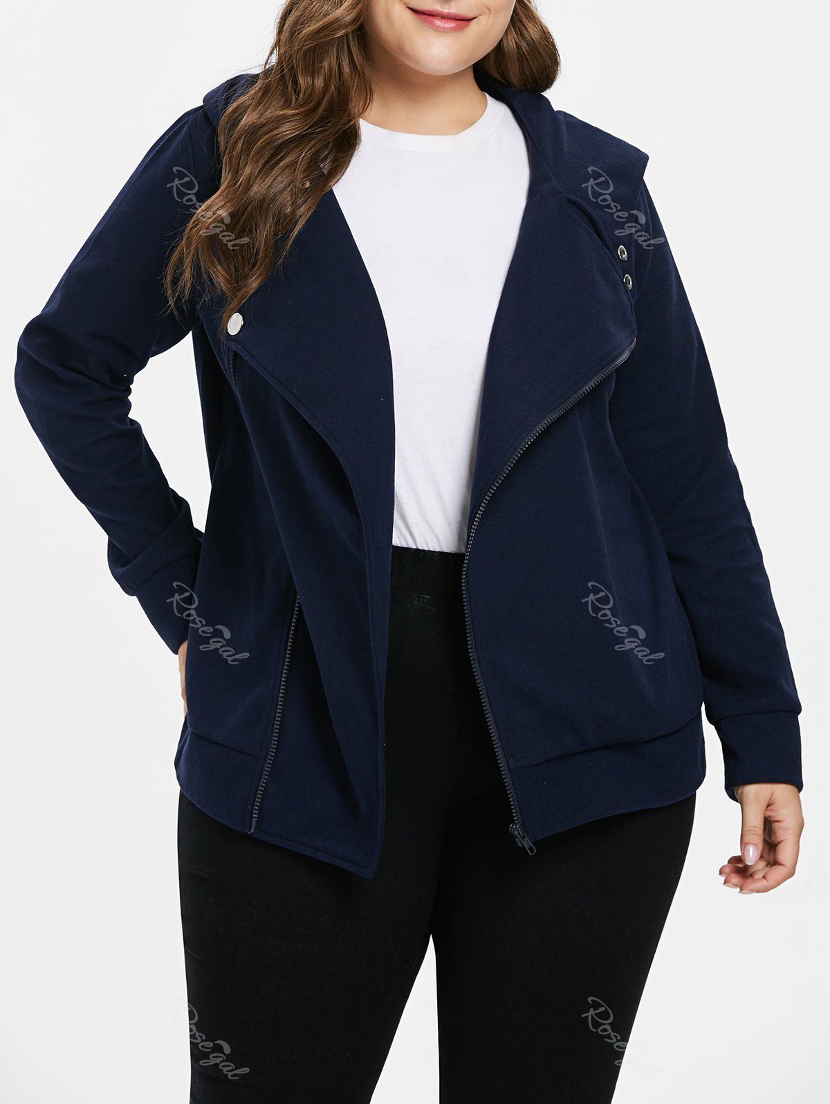 

Plus Size Skew Collar Hooded Coat, Cadetblue