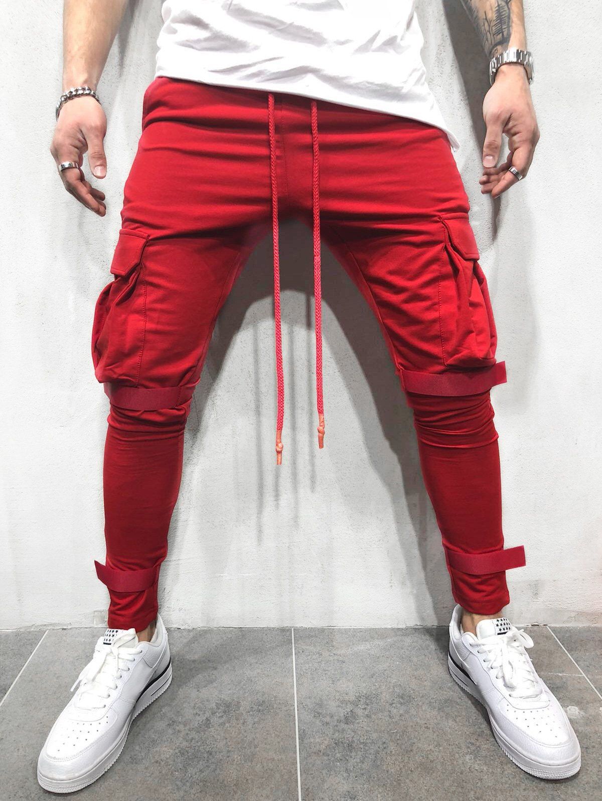 

Solid Velcro Cargo Sweatpants, 红色