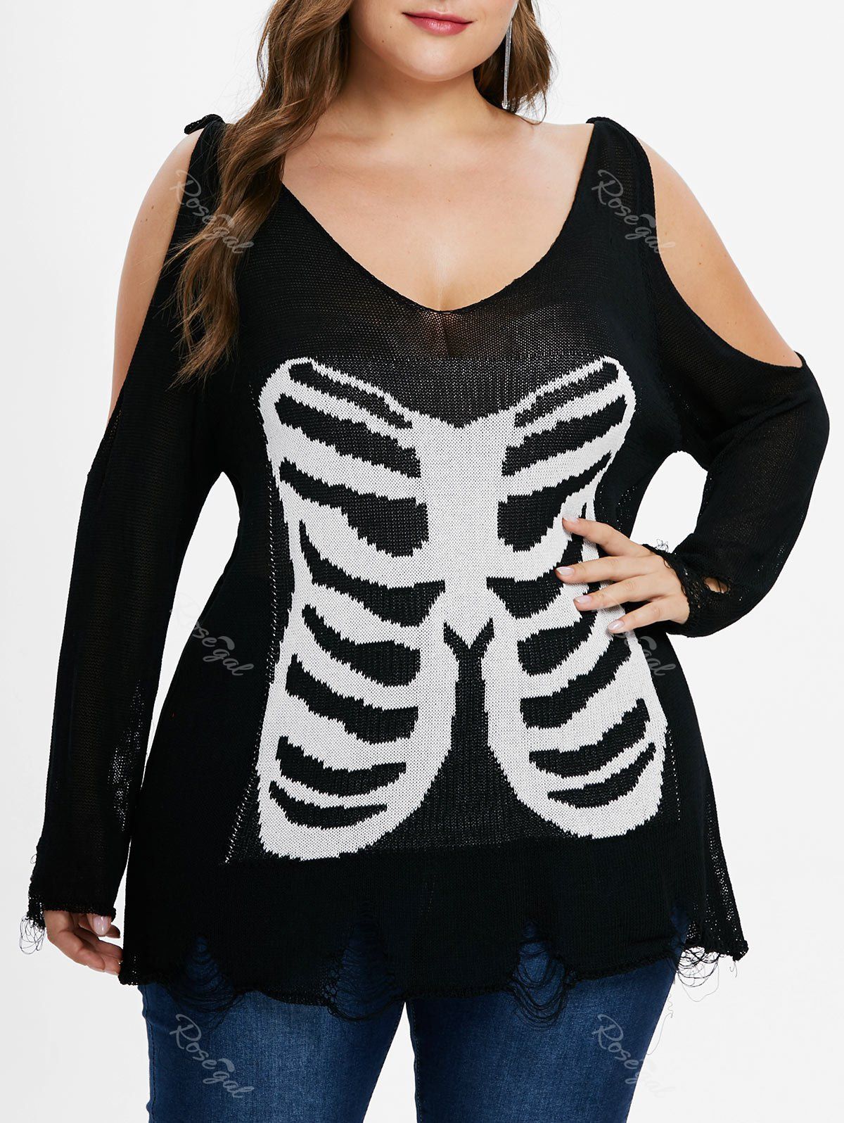 

Plus Size Cold Shoulder Distressed Sweater, Black