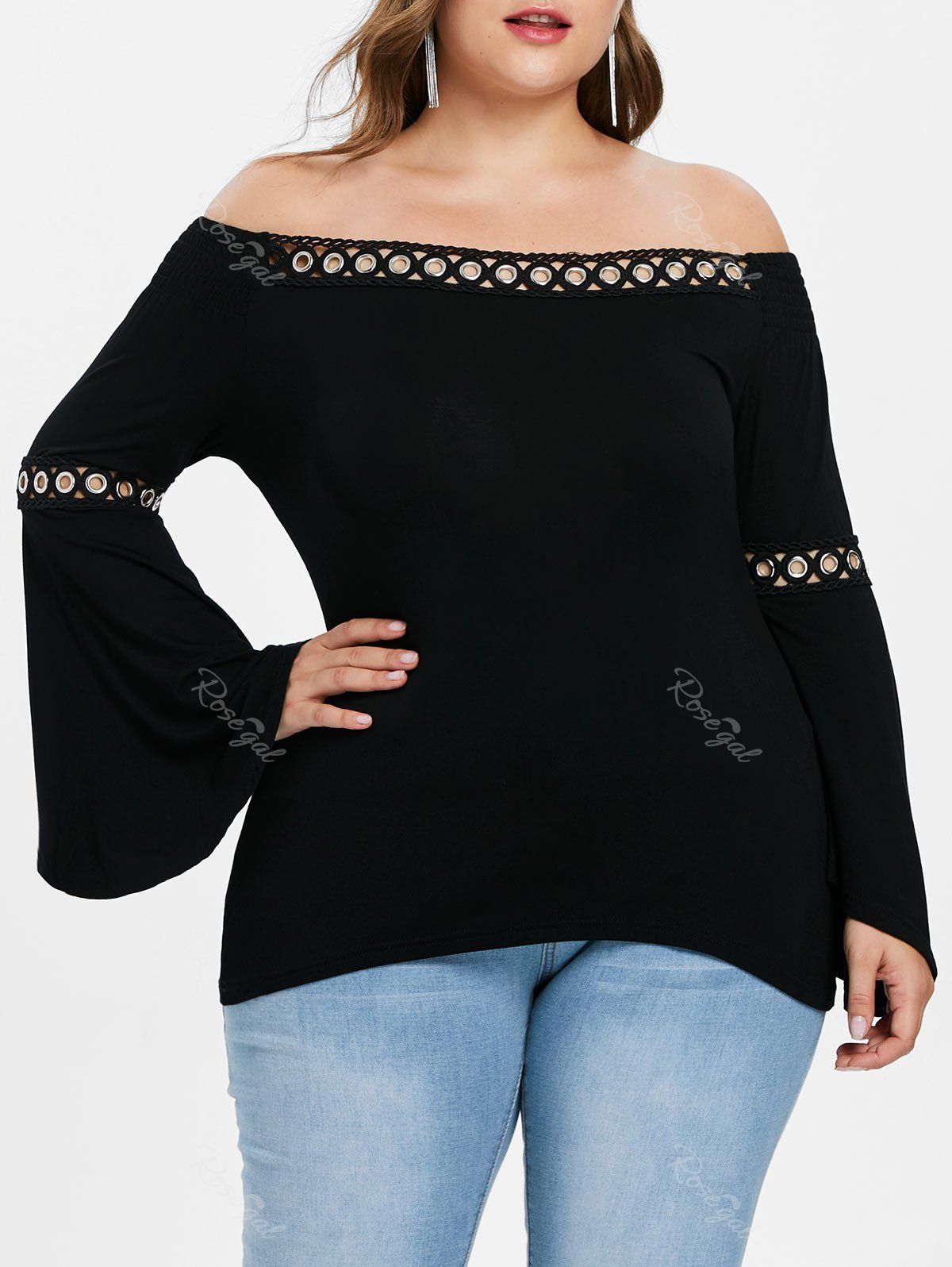 

Eyelet Embellished Plus Size Off The Shoulder T-shirt, Black