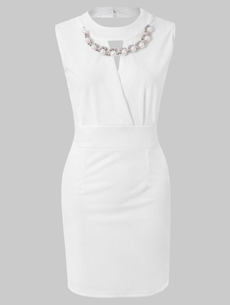

Sexy Plunging Neck Solid Color Bead Embellished Women's Party Dress, White