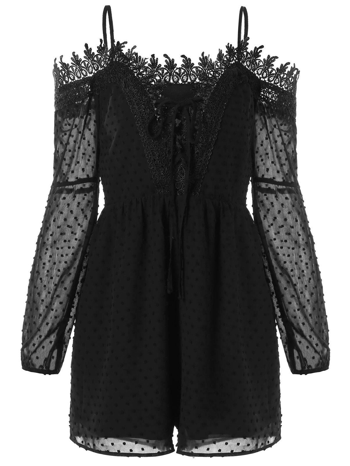 

Full Sleeve Lace Up Shoulder Cut Romper, Black