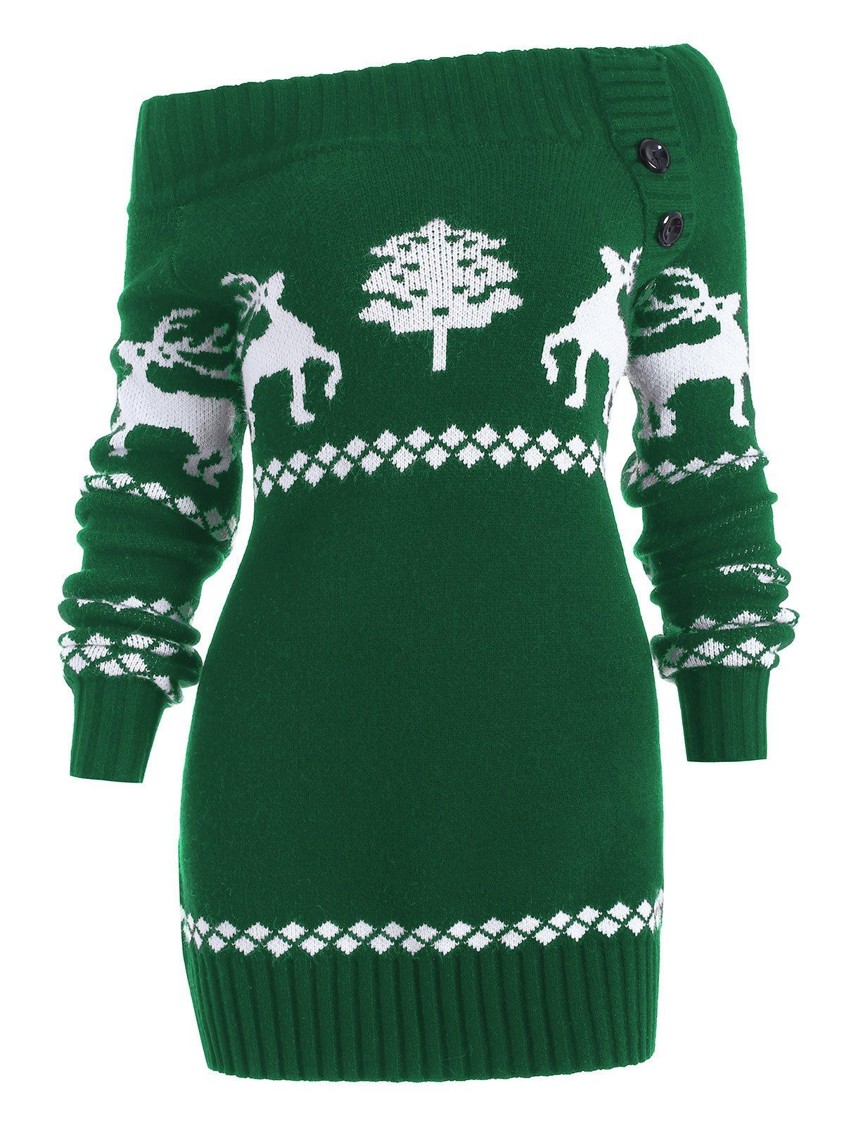 

Reindeer Off The Shoulder Knit Tunic Sweater, Green