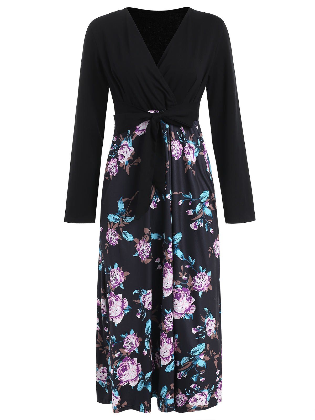 

Floral Print High Waist Surplice Dress, Black