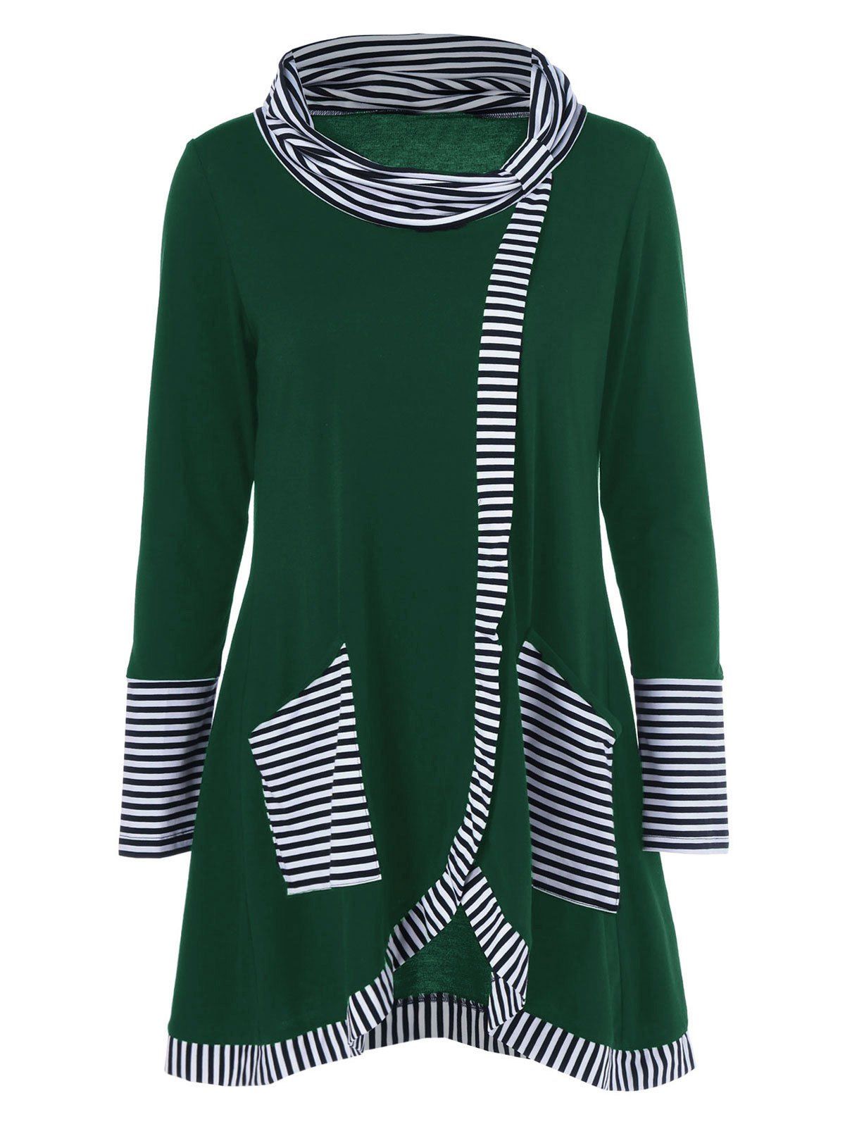 

Pinstriped Patchwork Pockets Design Tee, Deep green
