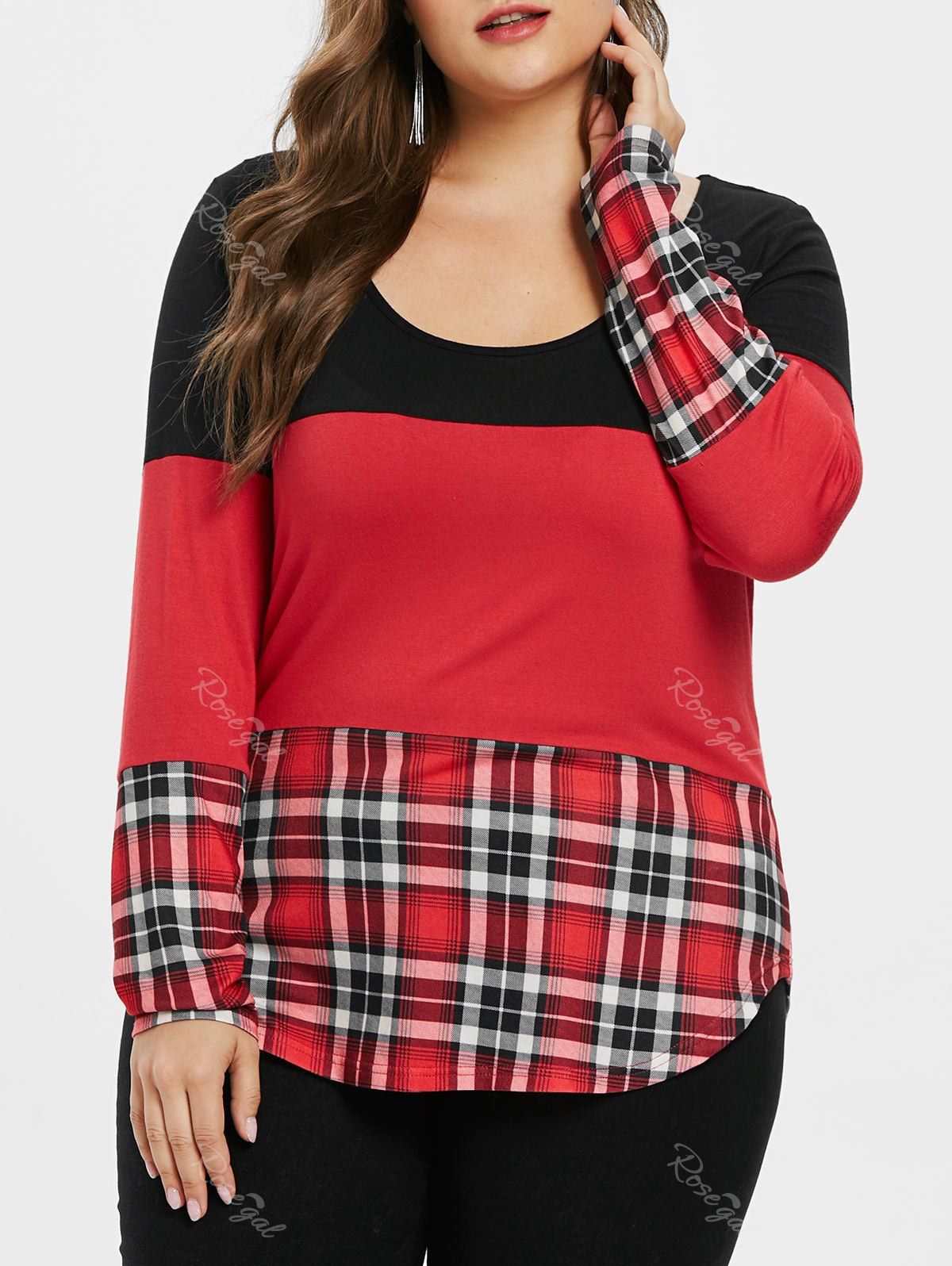 

Plus Size Lace Appliqued Plaid T-shirt, Red