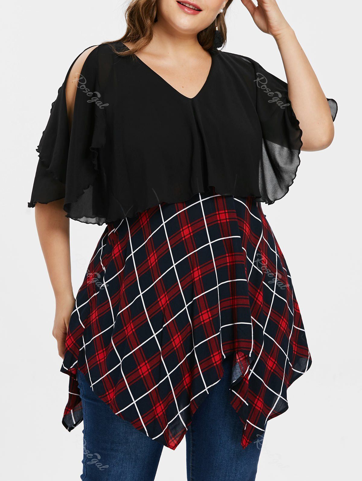 

Plus Size V Neck Split Sleeve Blouse, Black