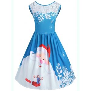 

Christmas Santa Claus Print Lace Insert Party Dress, Blue