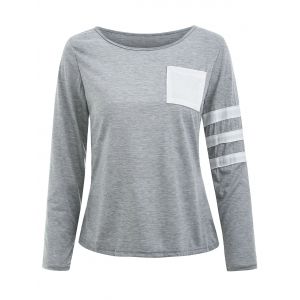 

Color Block Striped Sleeve Pocketed T-shirt, Gray