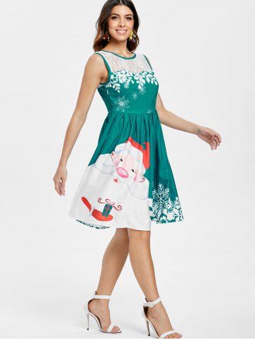 

Christmas Santa Claus Print Lace Insert Party Dress, Green