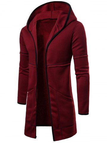 Longline Long Sleeve Open Front Hoodie - RED WINE - M