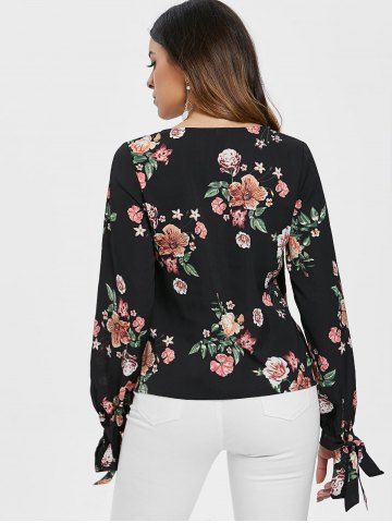 

Floral Print Full Sleeve Surplice Blouse, Black