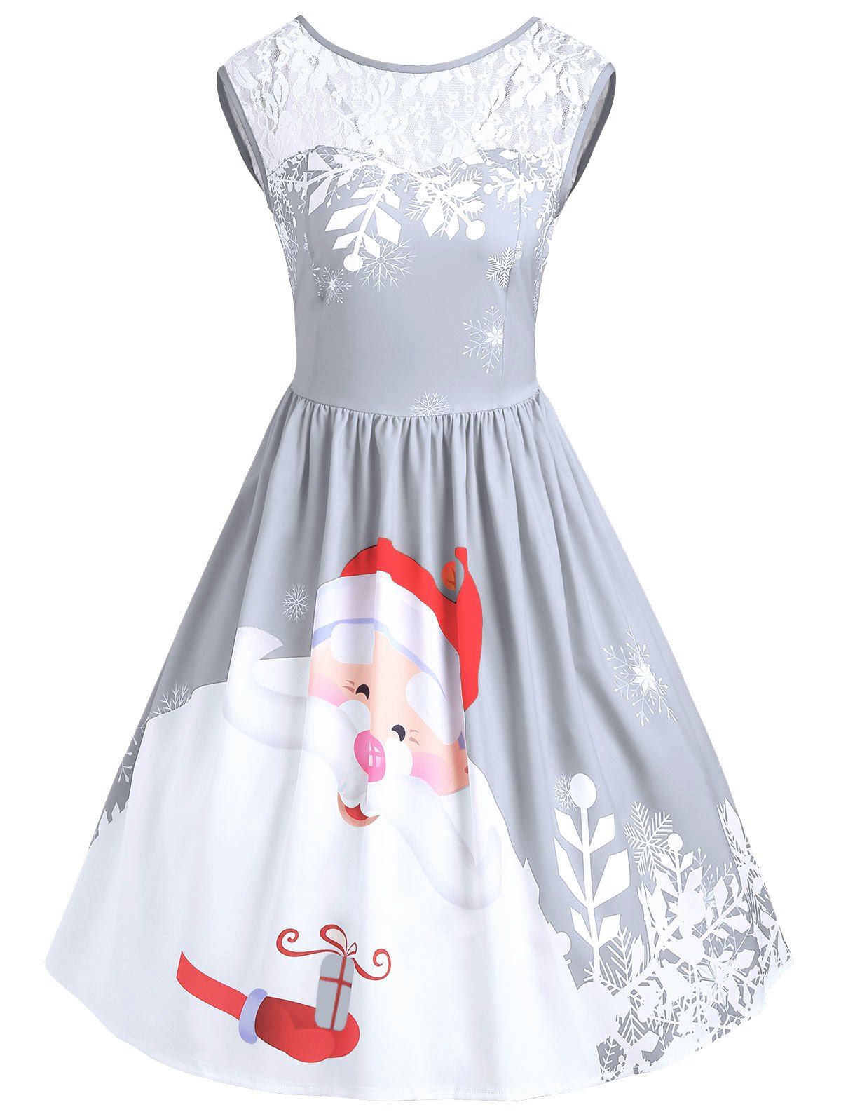 

Christmas Santa Claus Print Lace Insert Party Dress, Frost