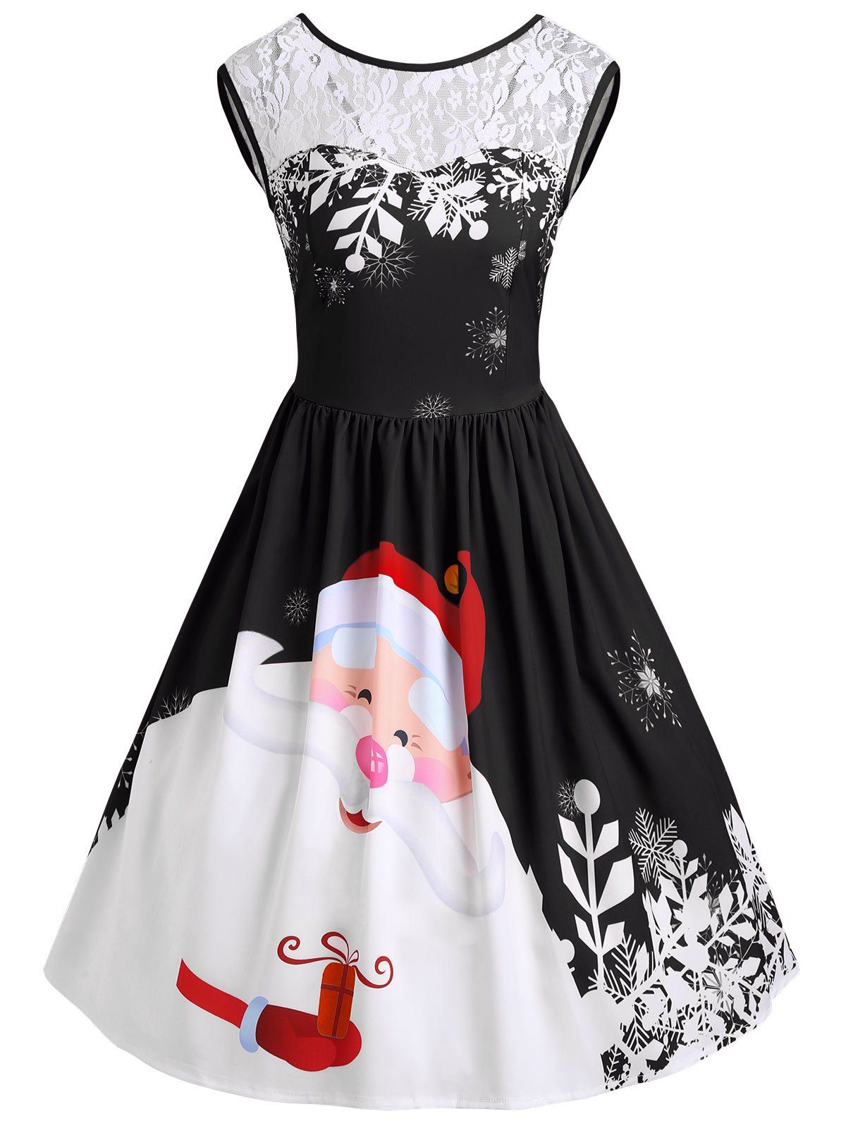 

Christmas Santa Claus Print Lace Insert Party Dress, Black