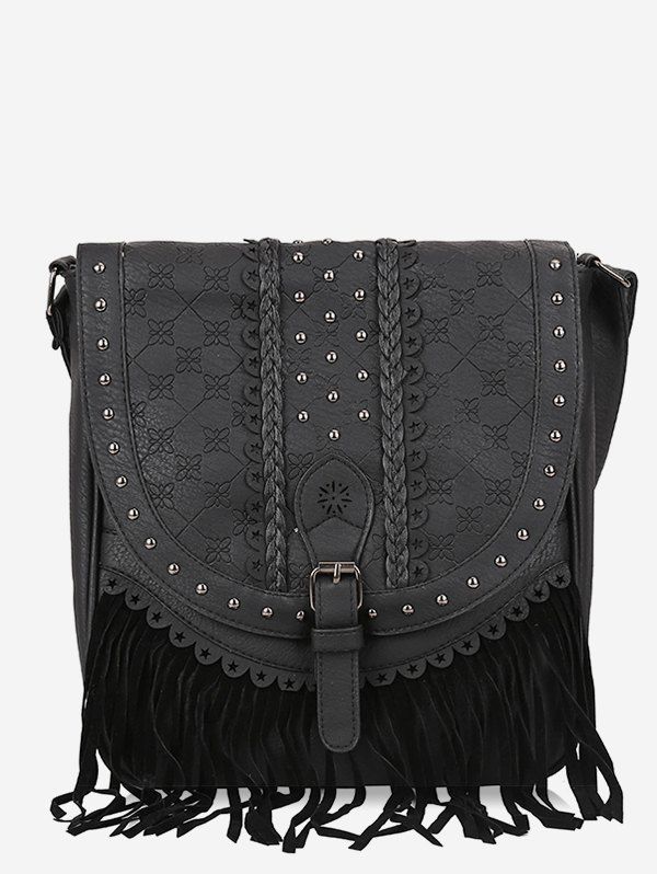 

Fringe Rivet Ethnic Crossbody Bag, Black