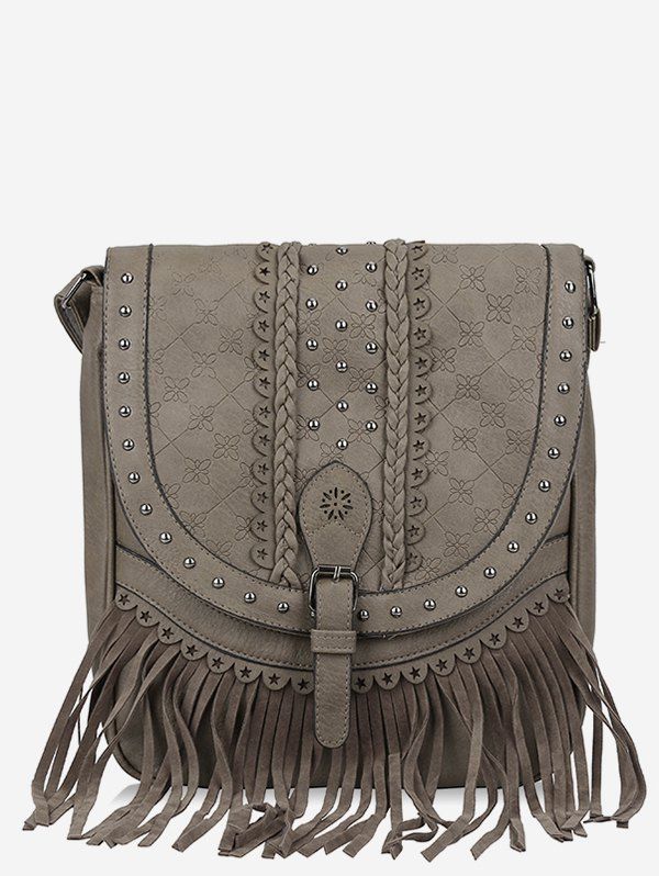 

Fringe Rivet Ethnic Crossbody Bag, Dark khaki