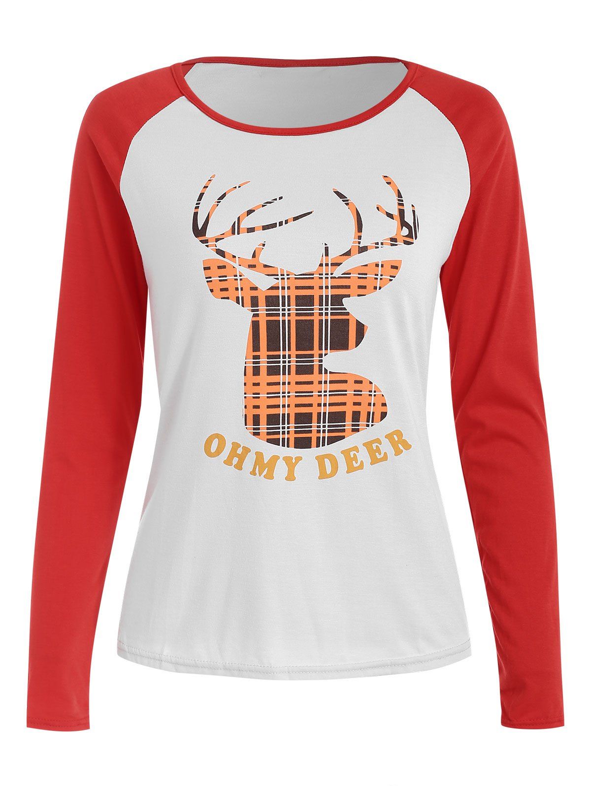 

Christmas Slash Neck Long Sleeve Deer Pattern T-Shirt For Women, Red