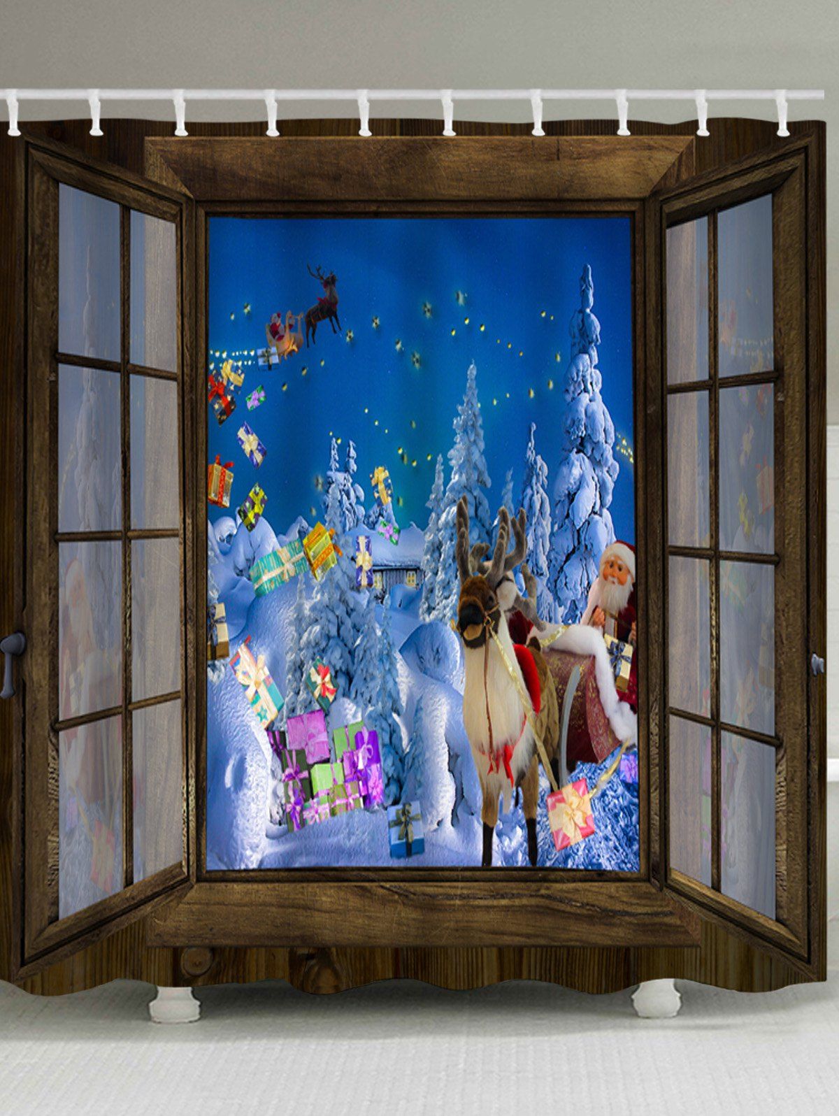 

Window Christmas Night Print Waterproof Bathroom Shower Curtain, Ocean blue