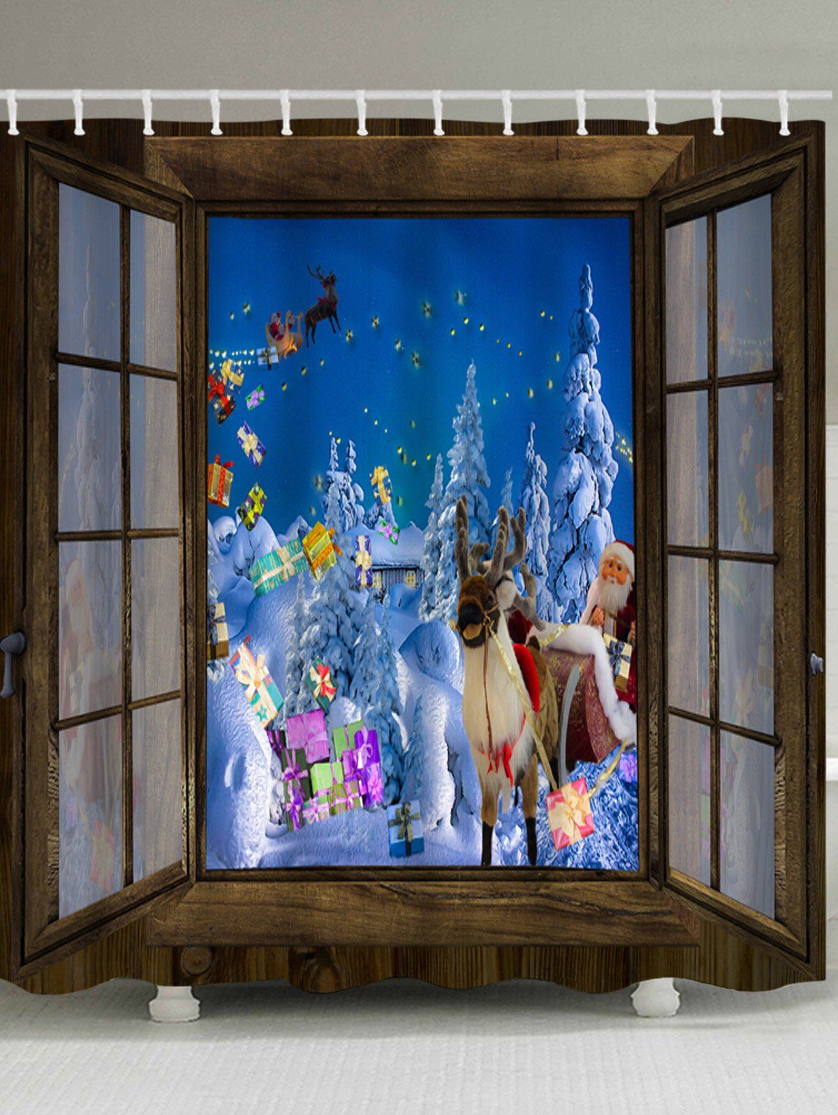 

Window Christmas Night Print Waterproof Bathroom Shower Curtain, Ocean blue