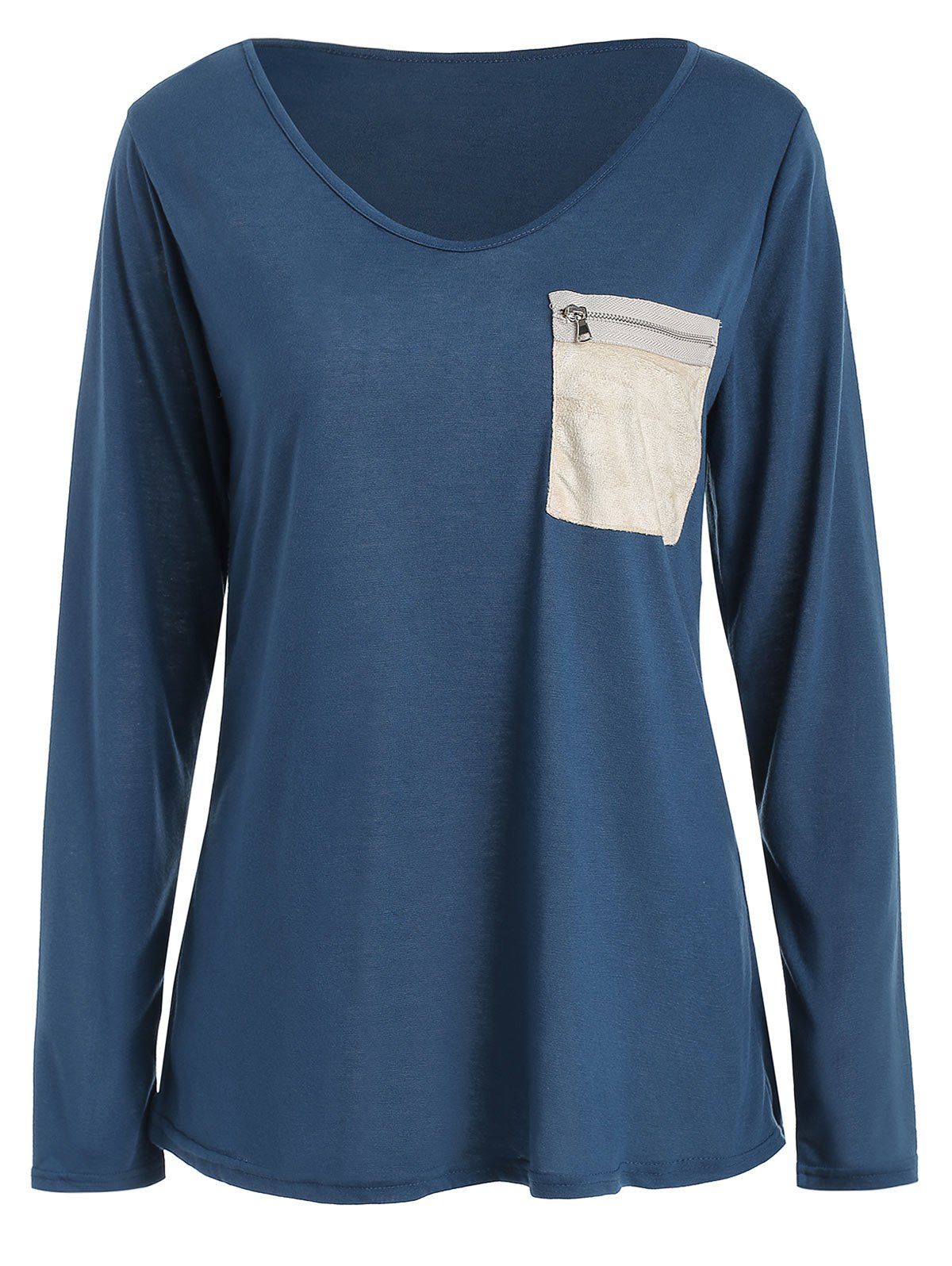 

V Neck Zip Breast Pocket T-shirt, Blue