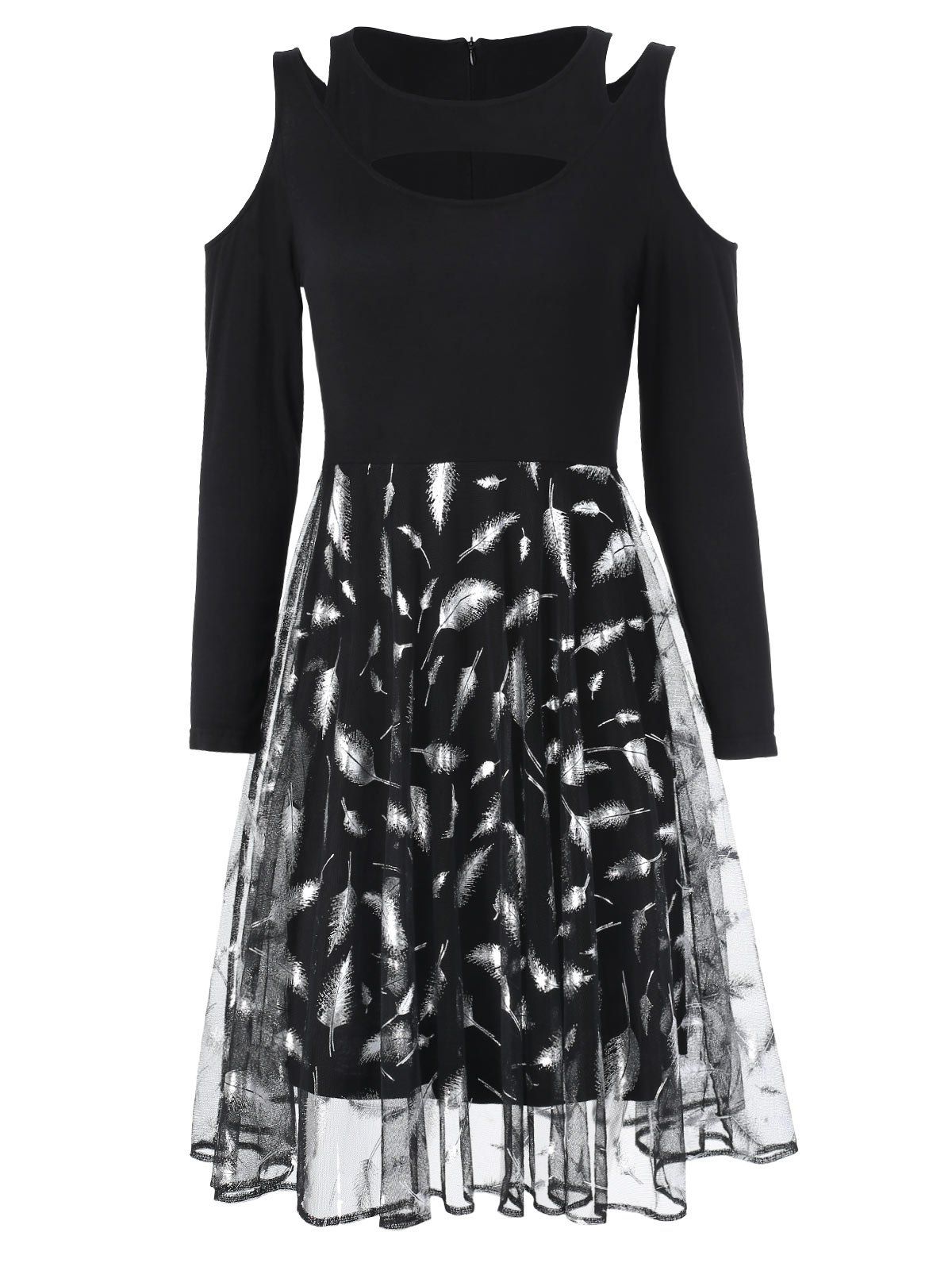 

Keyhole Feather Print Knee High A Line Dress, Black