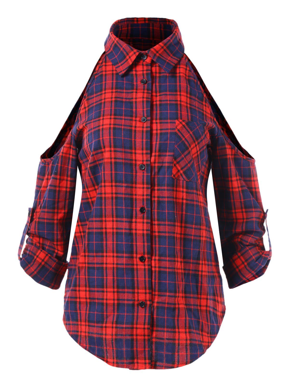 

Cold Shoulder Long Sleeve Plaid Shirt, Multi